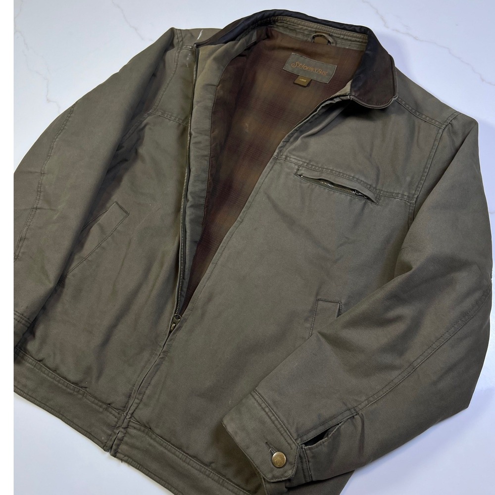 St. Johns Bay Canvas Jacket Mens blanket lined Green Leather Collar Workwear